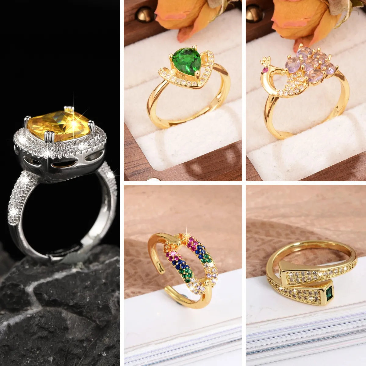 Glam Luxurious Shiny Flower Copper Plating Inlay Zircon 18k Gold Plated Open Rings