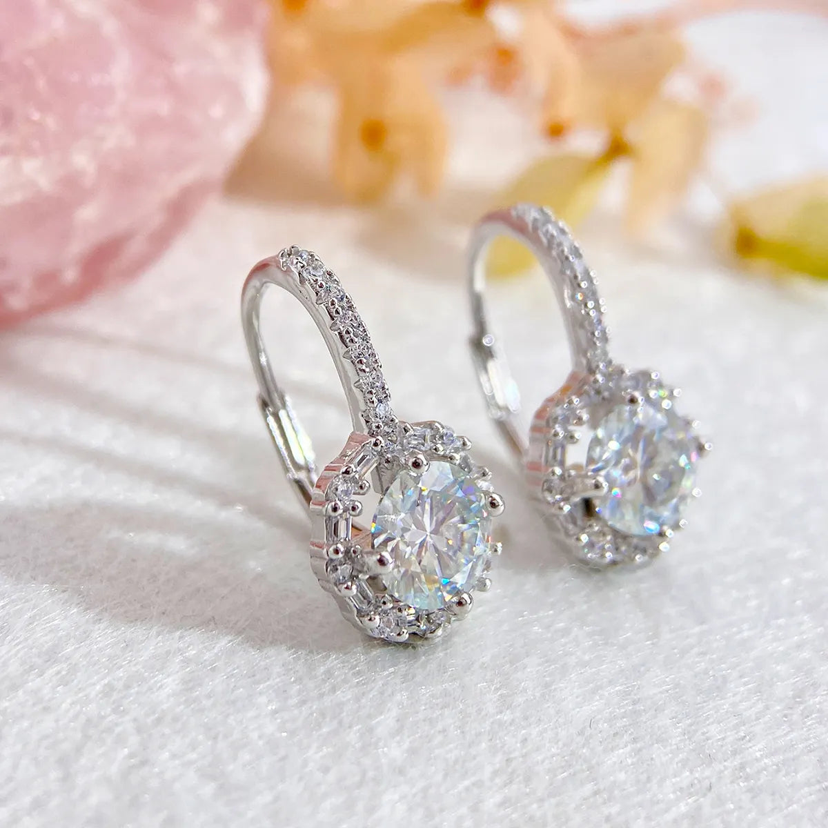 Glam Luxurious Shiny Round Sterling Silver Gra Inlay Moissanite Earrings