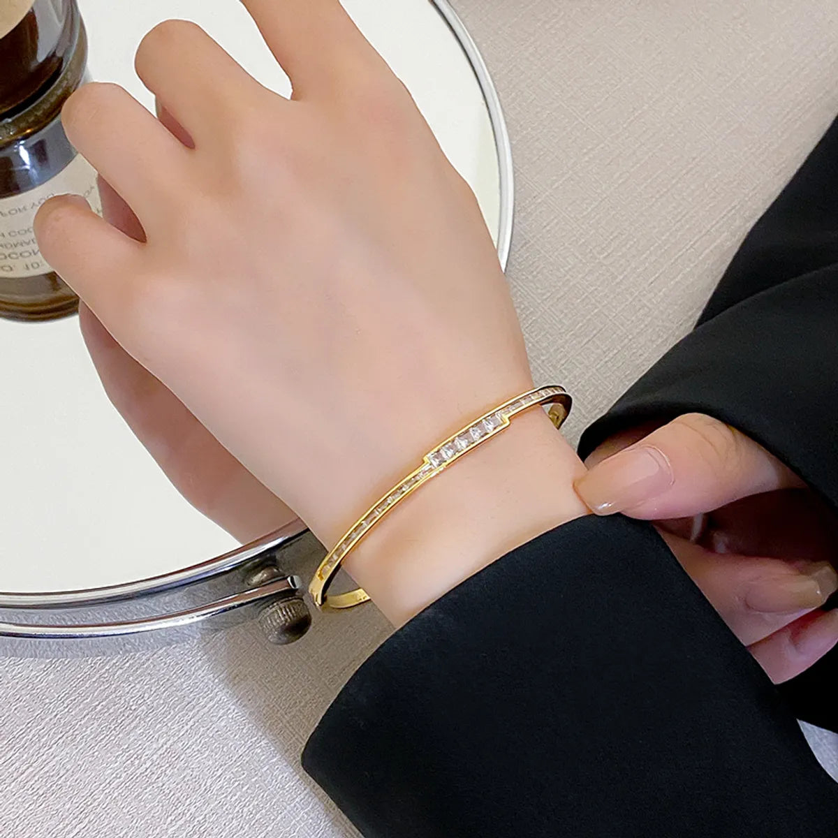 Glam Luxurious Shiny Square Copper 18k Gold Plated Silver Plated Zircon Bangle In Bulk