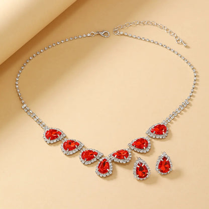 Glam Luxurious Shiny Water Droplets Alloy Plating Inlay Rhinestones Silver Plated Women'S Earrings Necklace