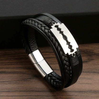 Glam Luxurious Solid Color Blade Solid Color Stainless Steel Pu Leather Handmade Men'S Bangle