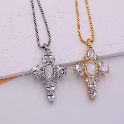 Glam Modern Style Shiny Cross Copper Plating Inlay Shell Zircon 18k Gold Plated White Gold Plated Pendant Necklace