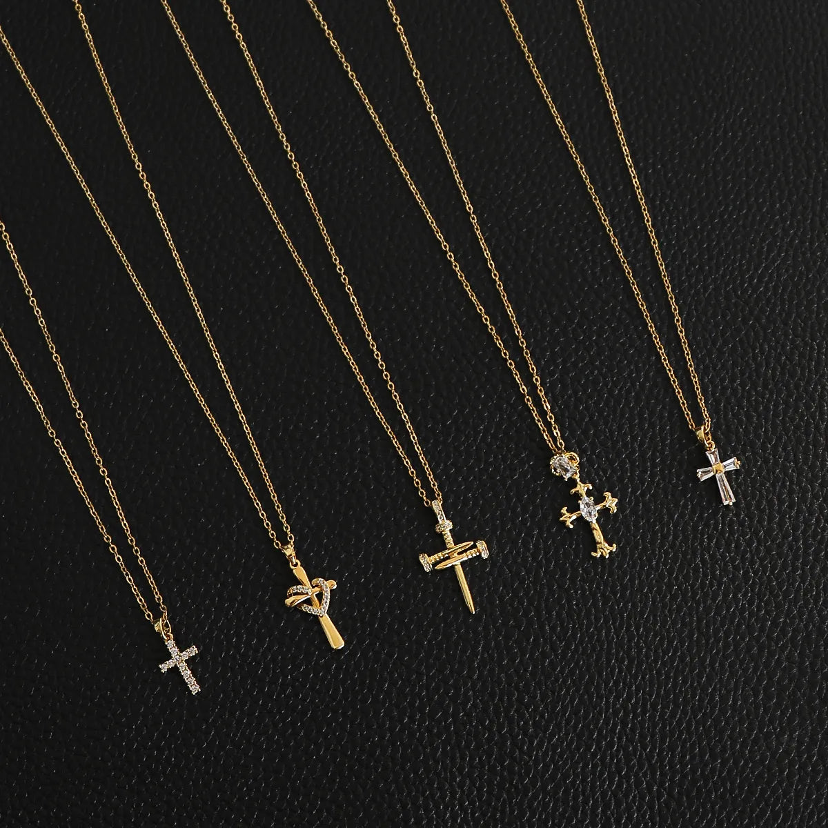 Glam Modern Style Shiny Cross Stainless Steel Copper Plating Inlay Zircon Gold Plated Pendant Necklace