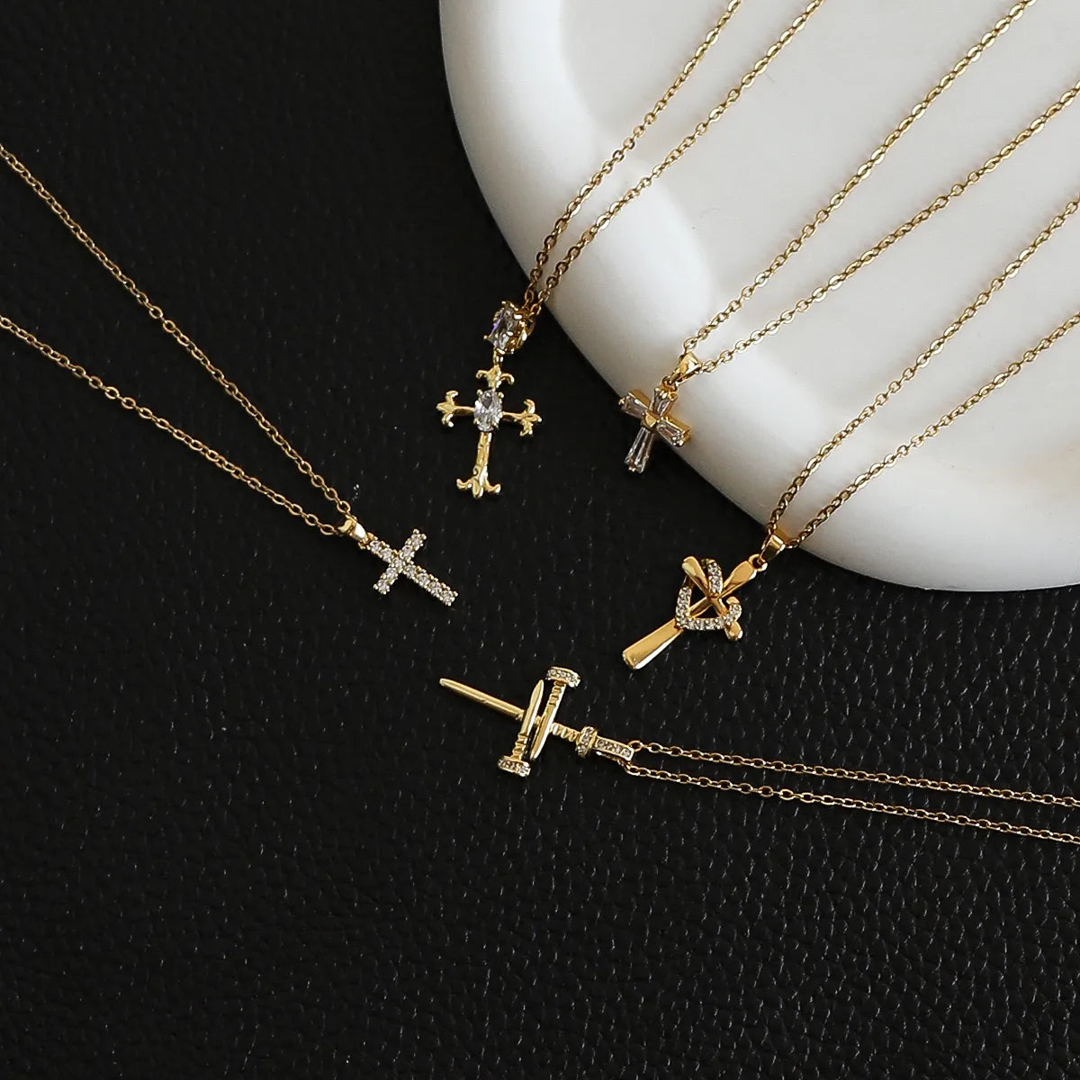 Glam Modern Style Shiny Cross Stainless Steel Copper Plating Inlay Zircon Gold Plated Pendant Necklace