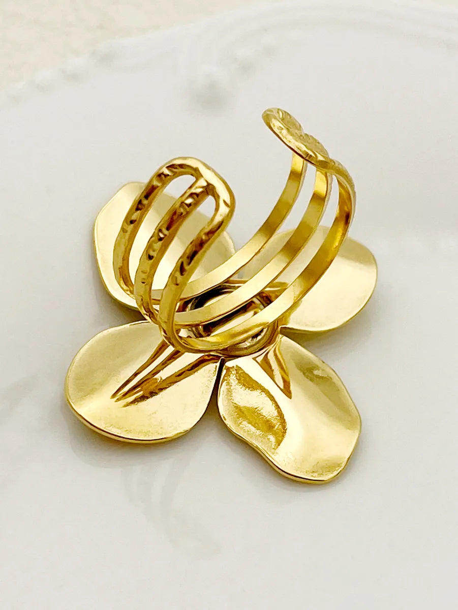 Glam Roman Style Flower Stainless Steel Gold Plated Turquoise Open Ring In Bulk