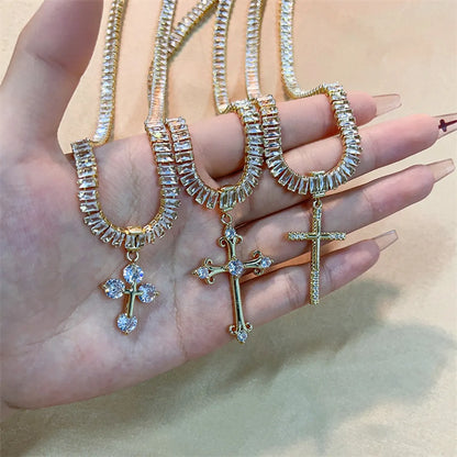 Copper Glam Shiny Plating Inlay Cross Rectangle Zircon Pendant Necklace