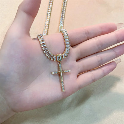 Copper Glam Shiny Plating Inlay Cross Rectangle Zircon Pendant Necklace