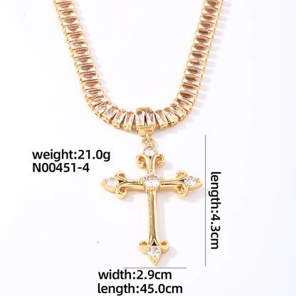 Copper Glam Shiny Plating Inlay Cross Rectangle Zircon Pendant Necklace