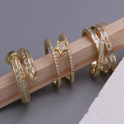 Glam Shiny Geometric Copper Plating Inlay Zircon 18k Gold Plated Open Rings