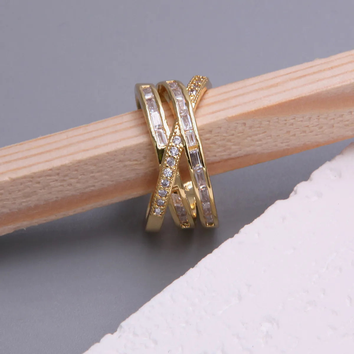 Glam Shiny Geometric Copper Plating Inlay Zircon 18k Gold Plated Open Rings