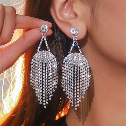 1 Pair Glam Shiny Tassel Inlay Rhinestone Rhinestones Silver Plated Drop Earrings