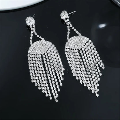 1 Pair Glam Shiny Tassel Inlay Rhinestone Rhinestones Silver Plated Drop Earrings