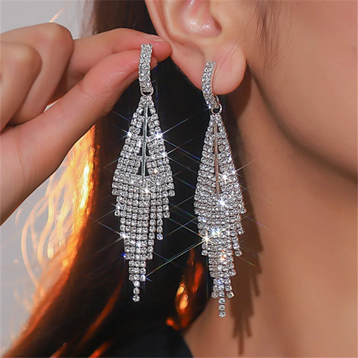 Glam Shiny Tassel Rhinestone Inlay Rhinestones Silver Plated Women'S Drop Earrings