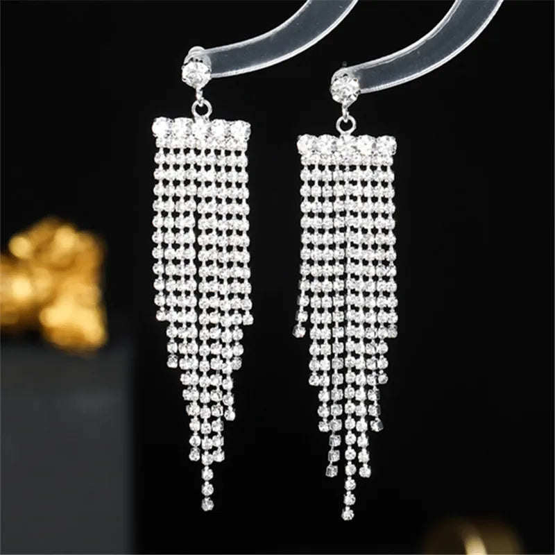 1 Pair Glam Shiny Tassel Plating Inlay Rhinestone Rhinestones Silver Plated Drop Earrings