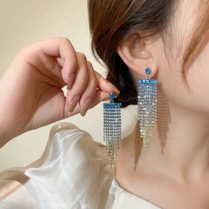 1 Pair Glam Shiny Tassel Plating Inlay Rhinestone Rhinestones Silver Plated Drop Earrings