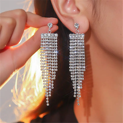 1 Pair Glam Shiny Tassel Plating Inlay Rhinestone Rhinestones Silver Plated Drop Earrings