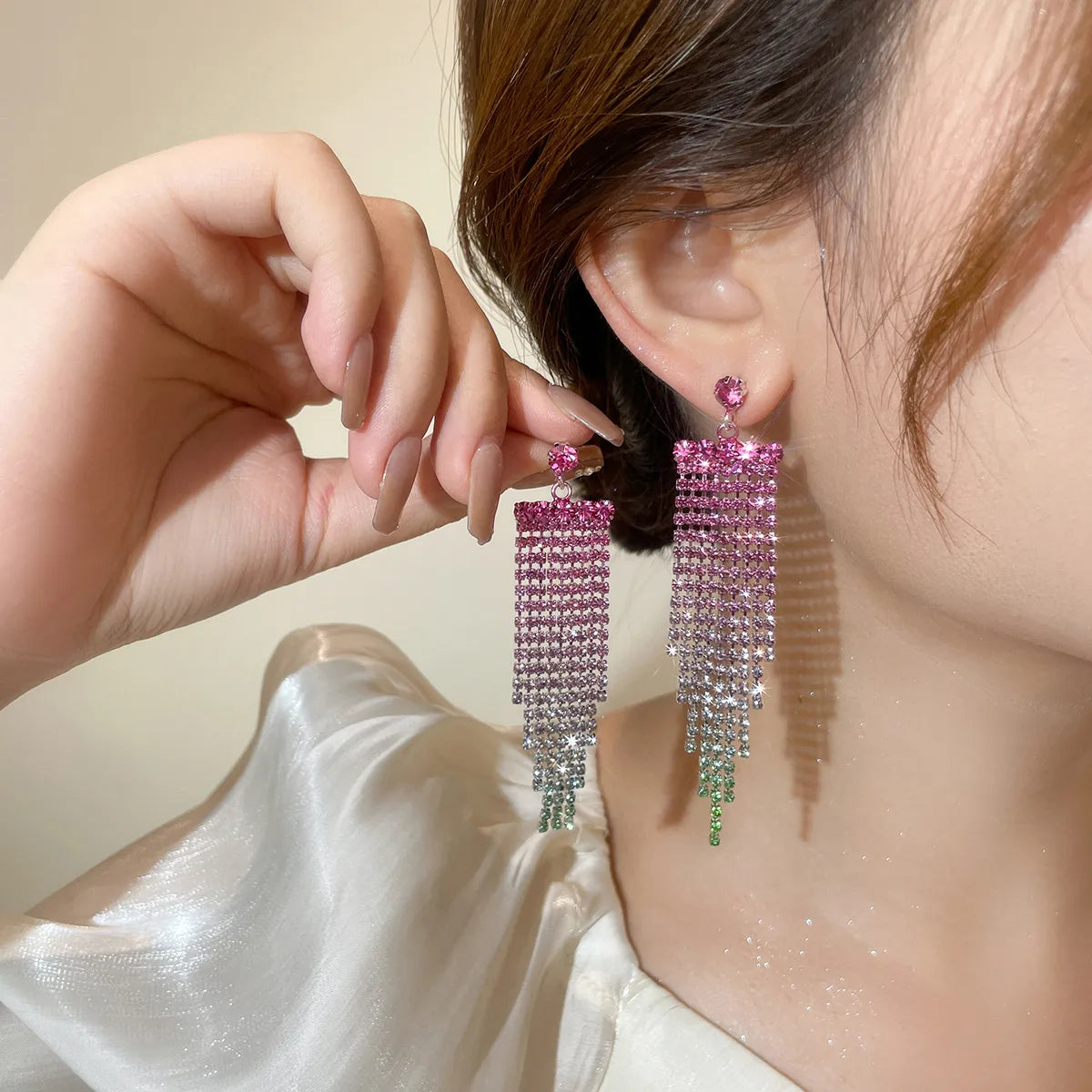 1 Pair Glam Shiny Tassel Plating Inlay Rhinestone Rhinestones Silver Plated Drop Earrings