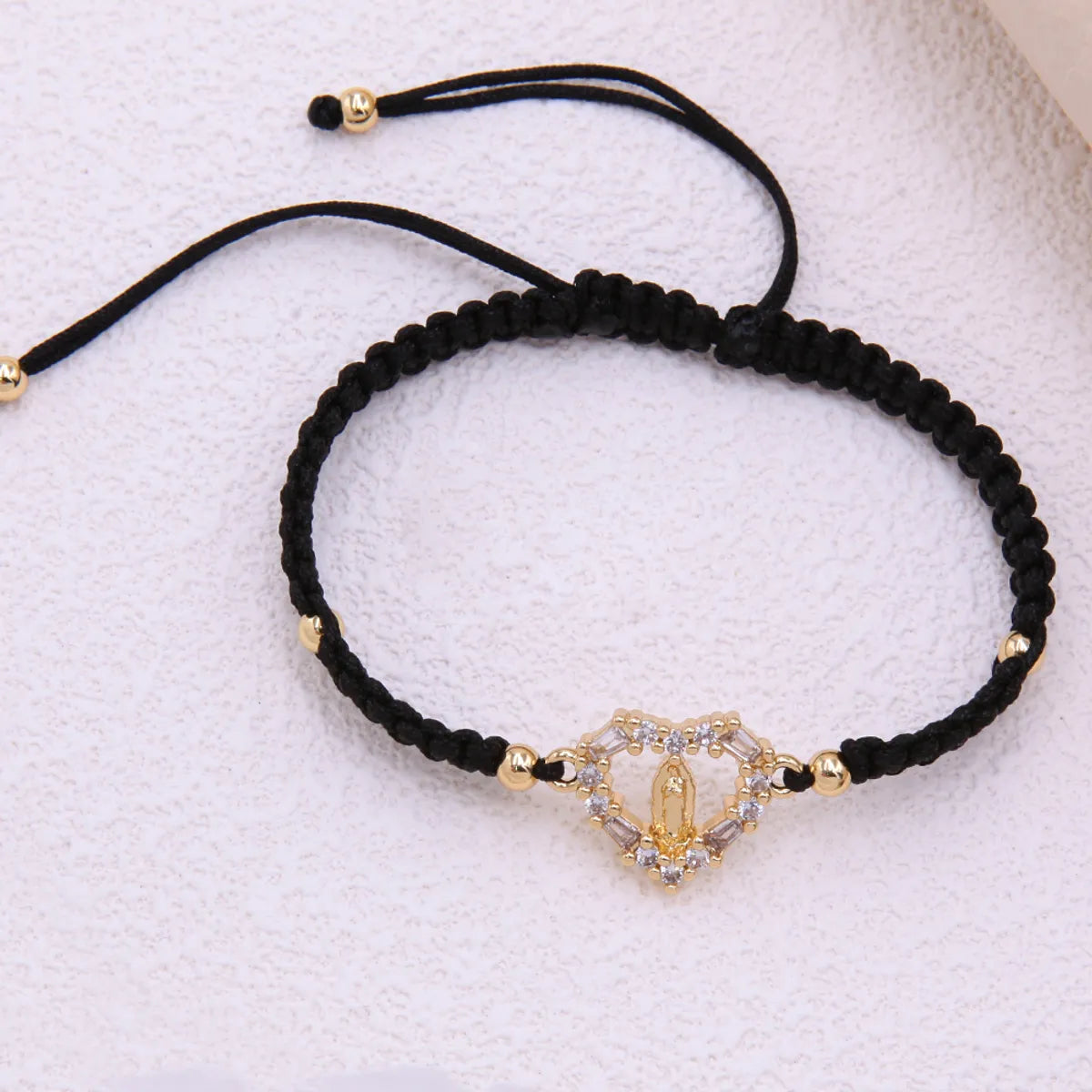 Glam Shiny Virgin Mary Heart Shape Rope Copper Knitting Plating Inlay Zircon 18k Gold Plated Women's Drawstring Bracelets