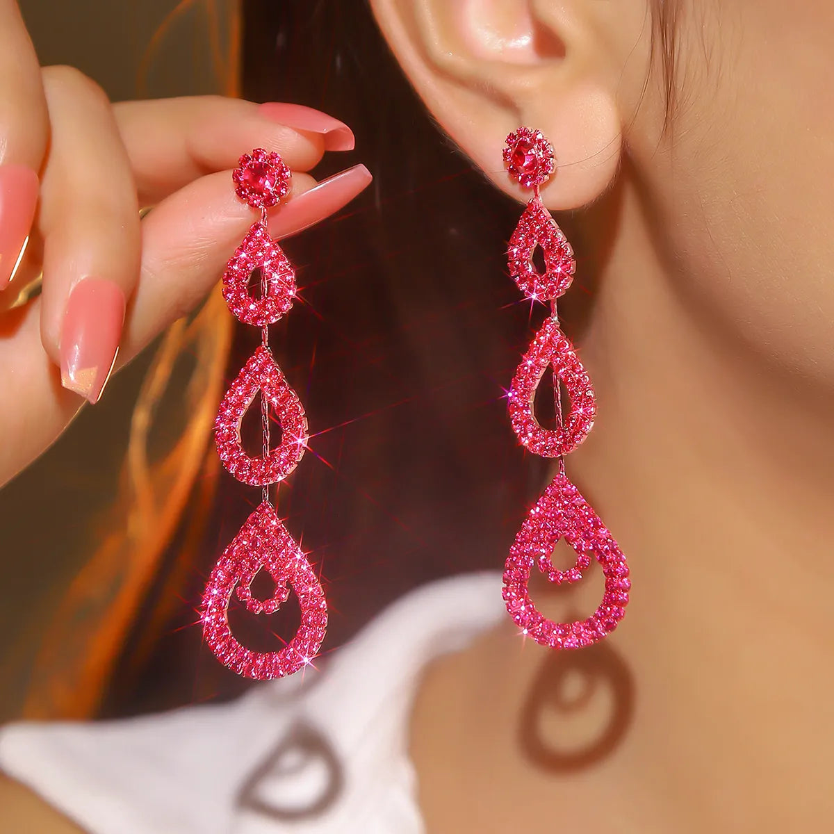 Glam Shiny Water Droplets Rhinestone Plating Hollow Out Inlay Rhinestones Silver Plated Women'S Drop Earrings