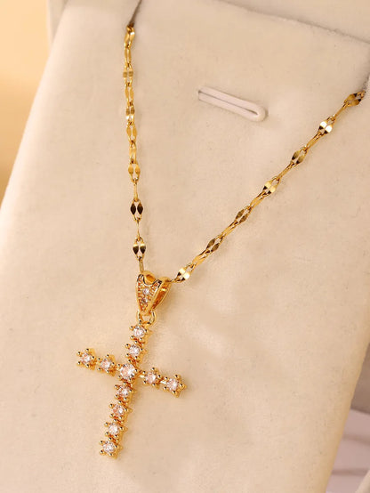 Glam Simple Style Cross Stainless Steel Plating Inlay Zircon 18k Gold Plated Pendant Necklace