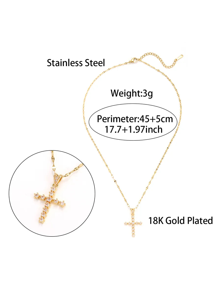 Glam Simple Style Cross Stainless Steel Plating Inlay Zircon 18k Gold Plated Pendant Necklace