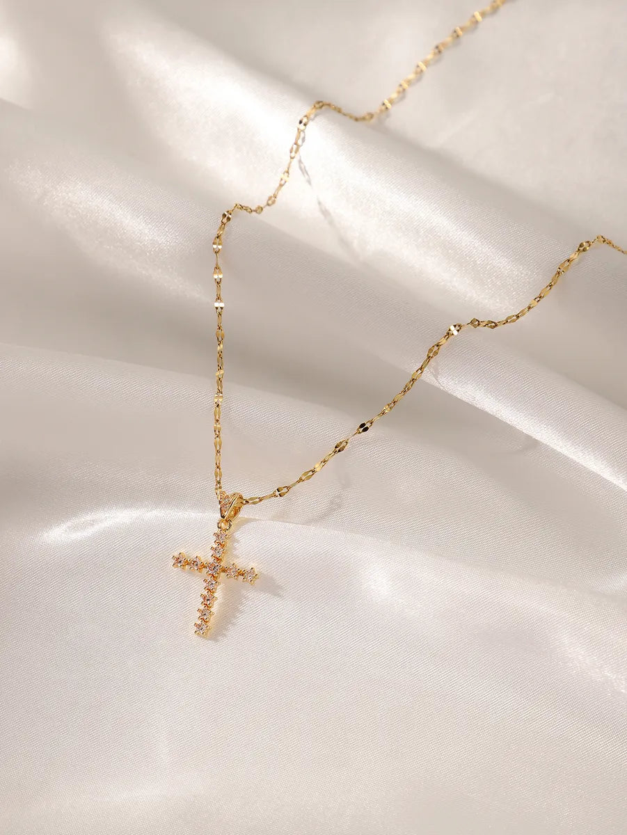 Glam Simple Style Cross Stainless Steel Plating Inlay Zircon 18k Gold Plated Pendant Necklace