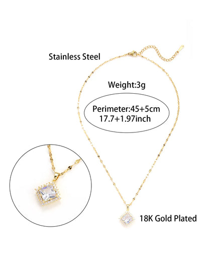 Glam Simple Style Rhombus Stainless Steel Plating Inlay Zircon 18k Gold Plated Pendant Necklace