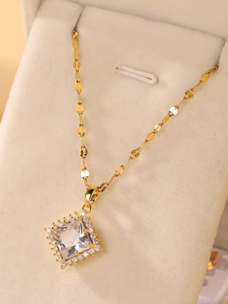 Glam Simple Style Rhombus Stainless Steel Plating Inlay Zircon 18k Gold Plated Pendant Necklace