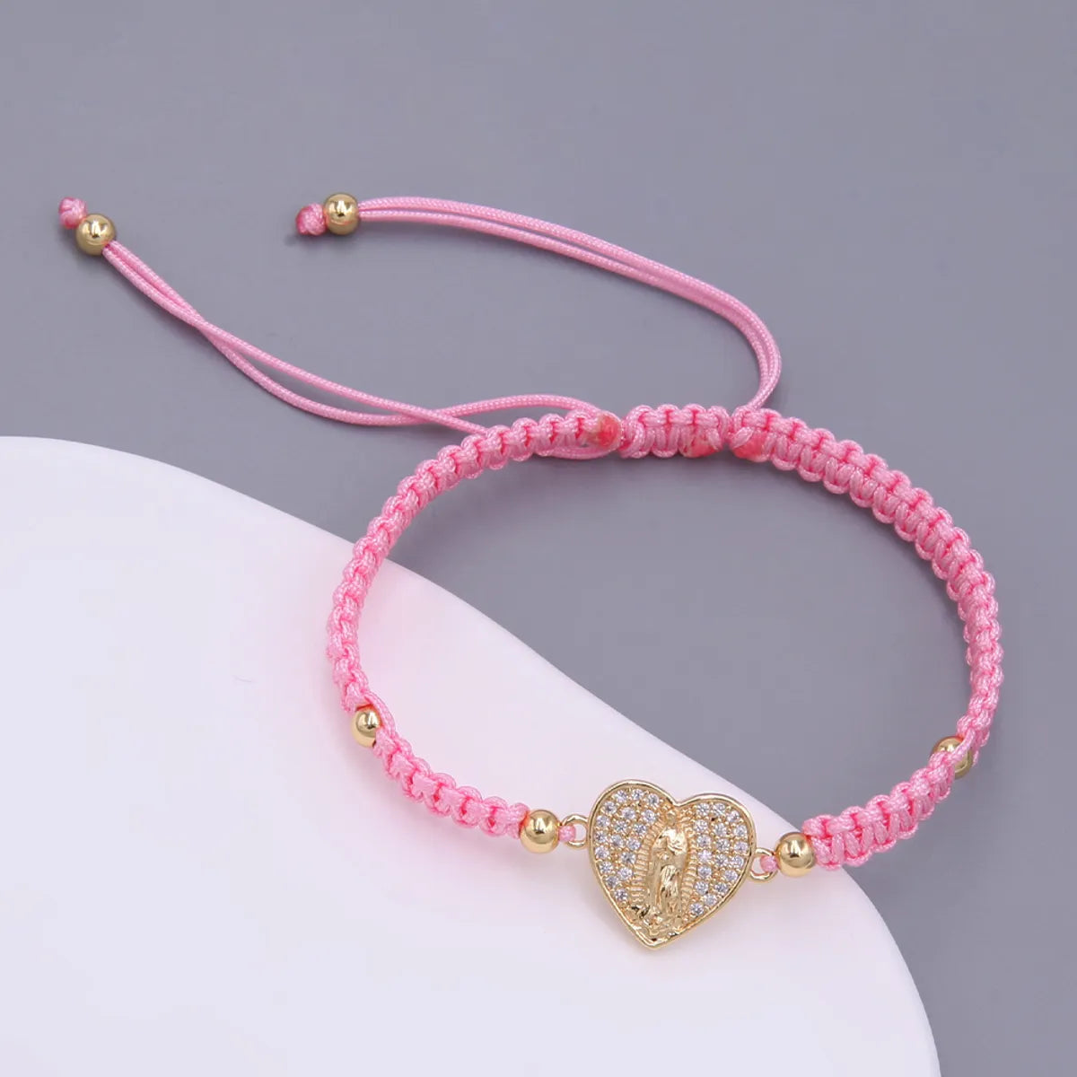 Glam Simple Style Virgin Mary Heart Shape Rope Copper Knitting Plating Inlay Zircon 18k Gold Plated Women's Drawstring Bracelets