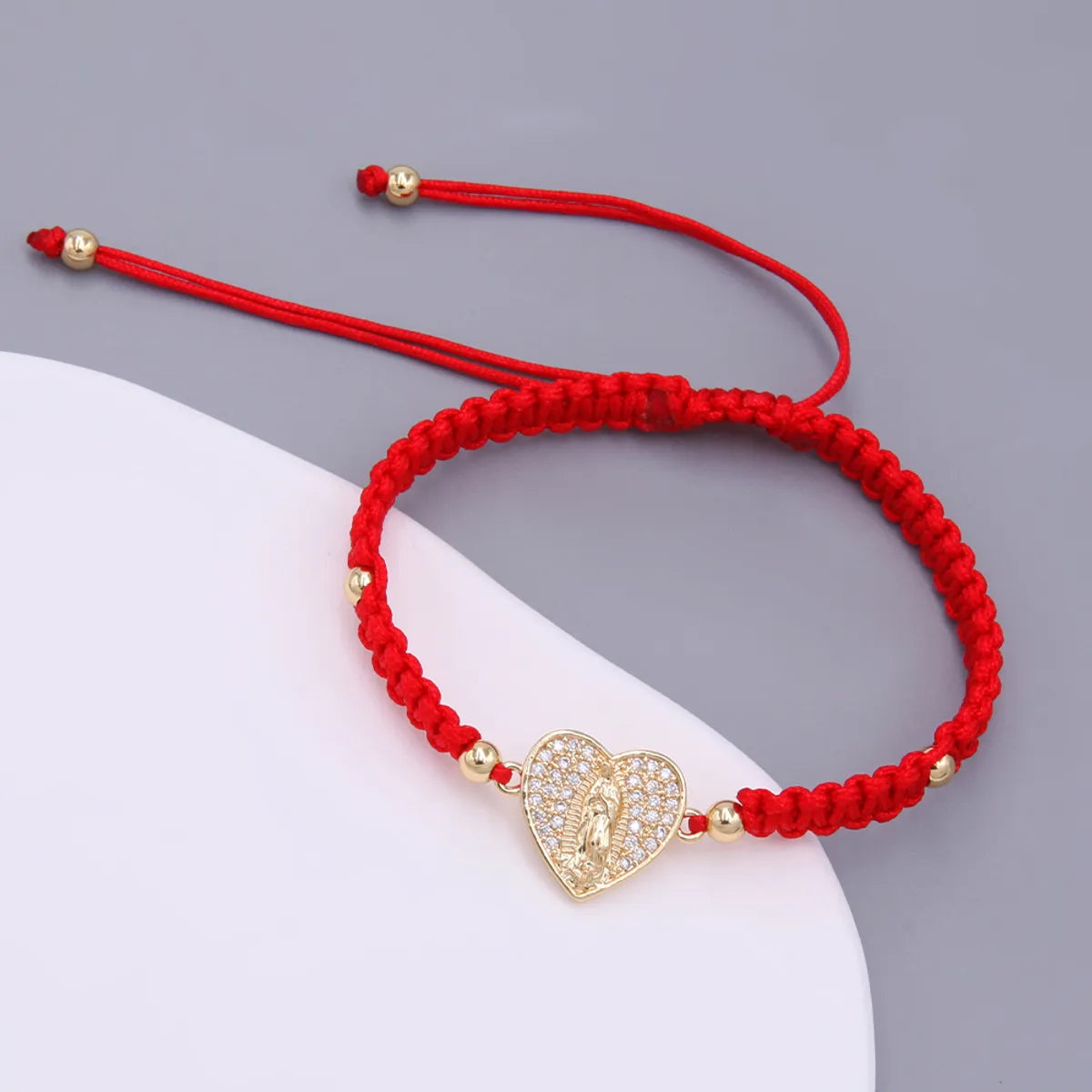 Glam Simple Style Virgin Mary Heart Shape Rope Copper Knitting Plating Inlay Zircon 18k Gold Plated Women's Drawstring Bracelets