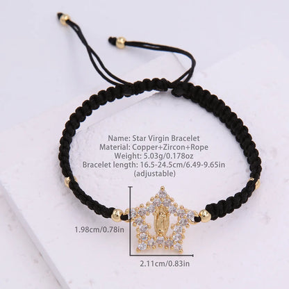 Glam Simple Style Virgin Mary Star Rope Copper Knitting Plating Inlay Zircon 18k Gold Plated Women'S Drawstring Bracelets