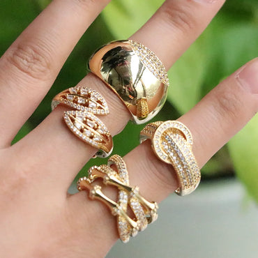 Glam Vintage Style Luxurious Irregular Leaves Copper Plating Inlay Zircon Gold Plated Open Rings