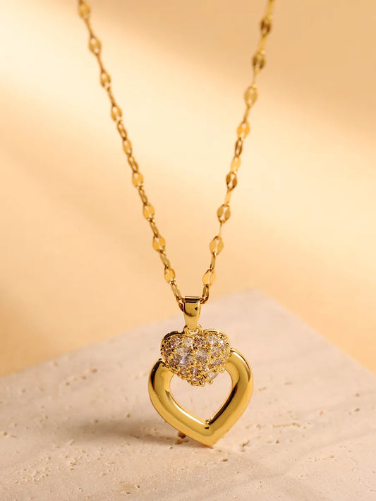 Glam Wedding Bridal Heart Shape Stainless Steel Plating Inlay Zircon 18k Gold Plated Pendant Necklace