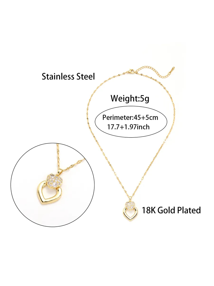 Glam Wedding Bridal Heart Shape Stainless Steel Plating Inlay Zircon 18k Gold Plated Pendant Necklace