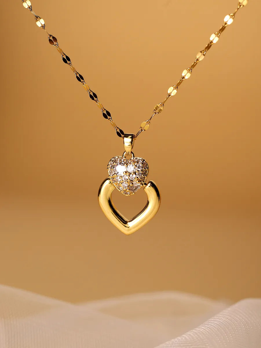 Glam Wedding Bridal Heart Shape Stainless Steel Plating Inlay Zircon 18k Gold Plated Pendant Necklace