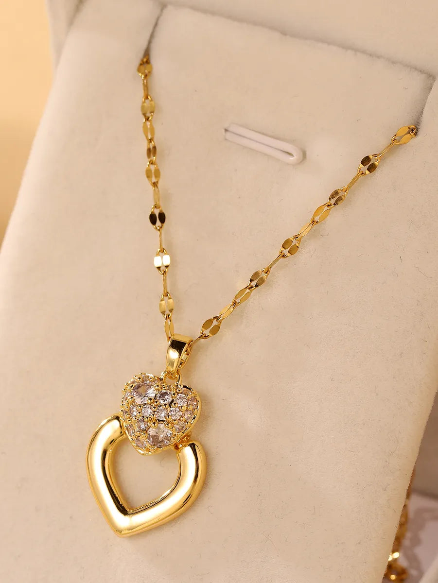 Glam Wedding Bridal Heart Shape Stainless Steel Plating Inlay Zircon 18k Gold Plated Pendant Necklace