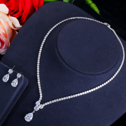 Glam Wedding Water Droplets Copper Plating Inlay Artificial Gemstones White Gold Plated Rhodium Plated Jewelry Set