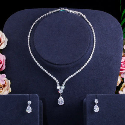 Glam Wedding Water Droplets Copper Plating Inlay Artificial Gemstones White Gold Plated Rhodium Plated Jewelry Set