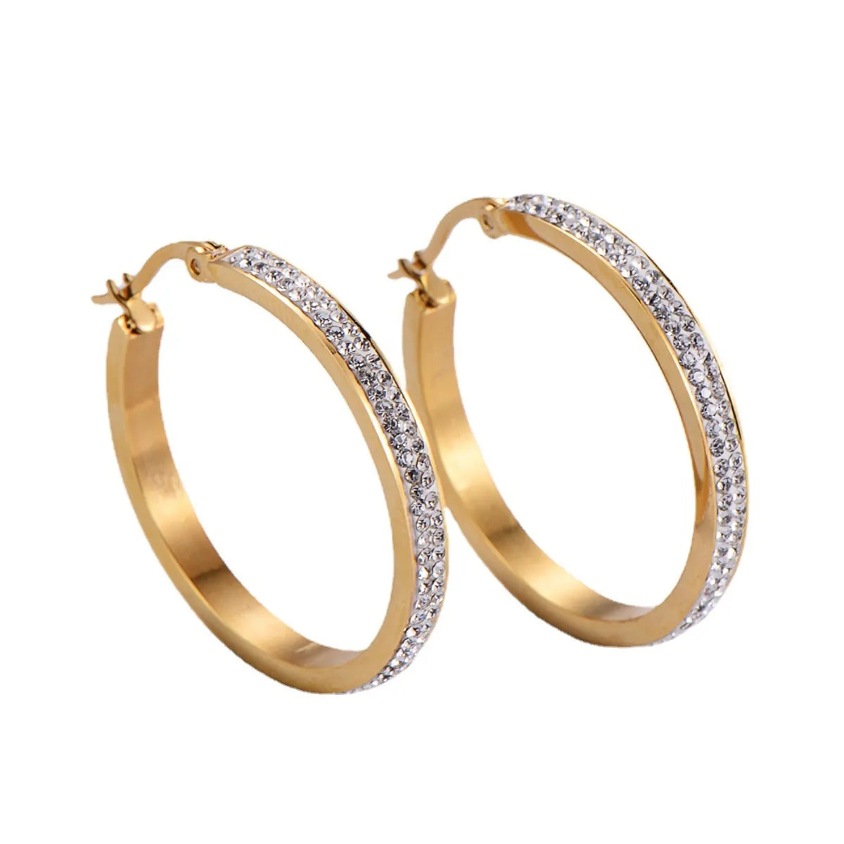 Gold Round Stick Diamond Women's Simple Stainless Steel Ear Hoop Jewelry