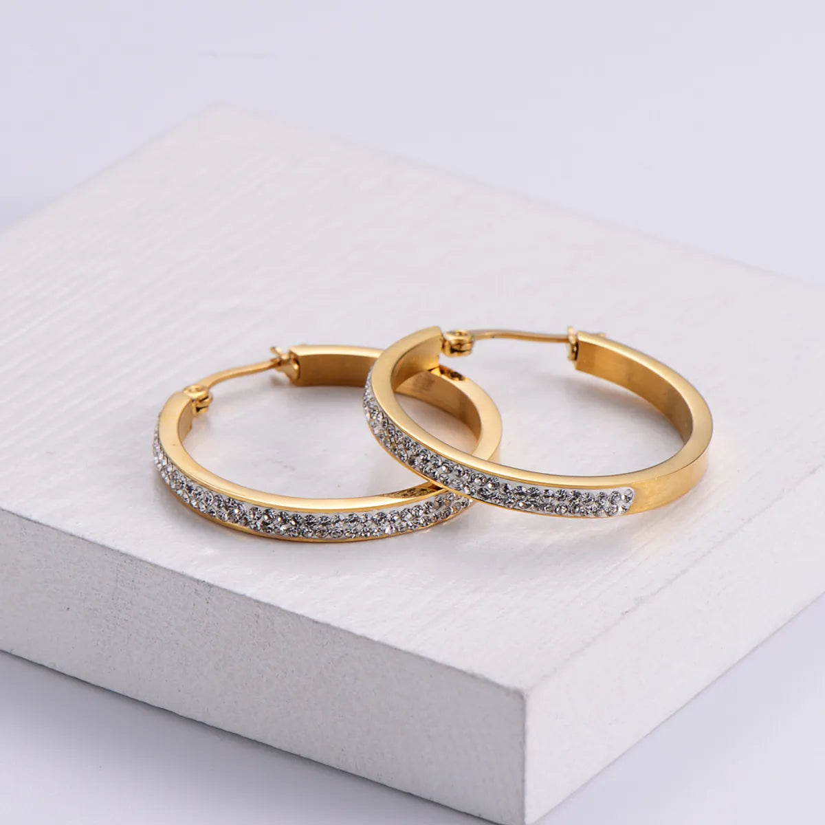 Gold Round Stick Diamond Women's Simple Stainless Steel Ear Hoop Jewelry