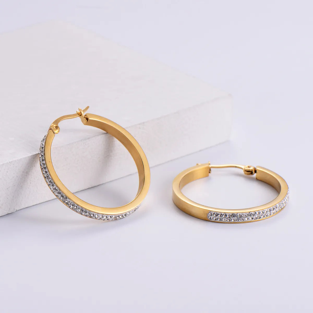 Gold Round Stick Diamond Women's Simple Stainless Steel Ear Hoop Jewelry