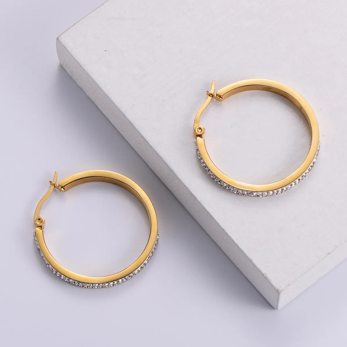 Gold Round Stick Diamond Women's Simple Stainless Steel Ear Hoop Jewelry