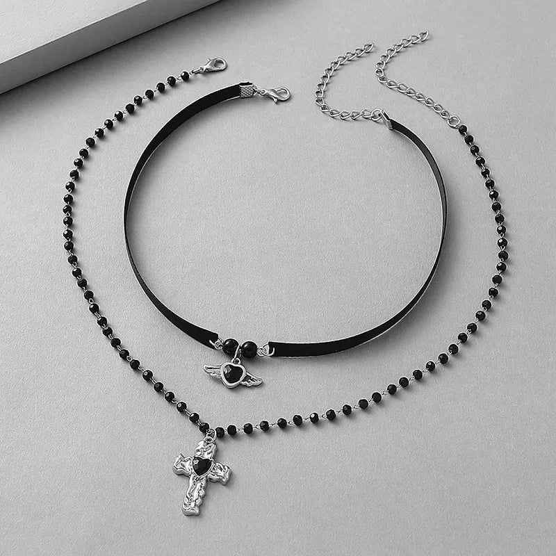 Gothic Cool Style Cross Angel Wings Alloy Acrylic Beaded Heart Inlay Glass Stone Women'S Necklace