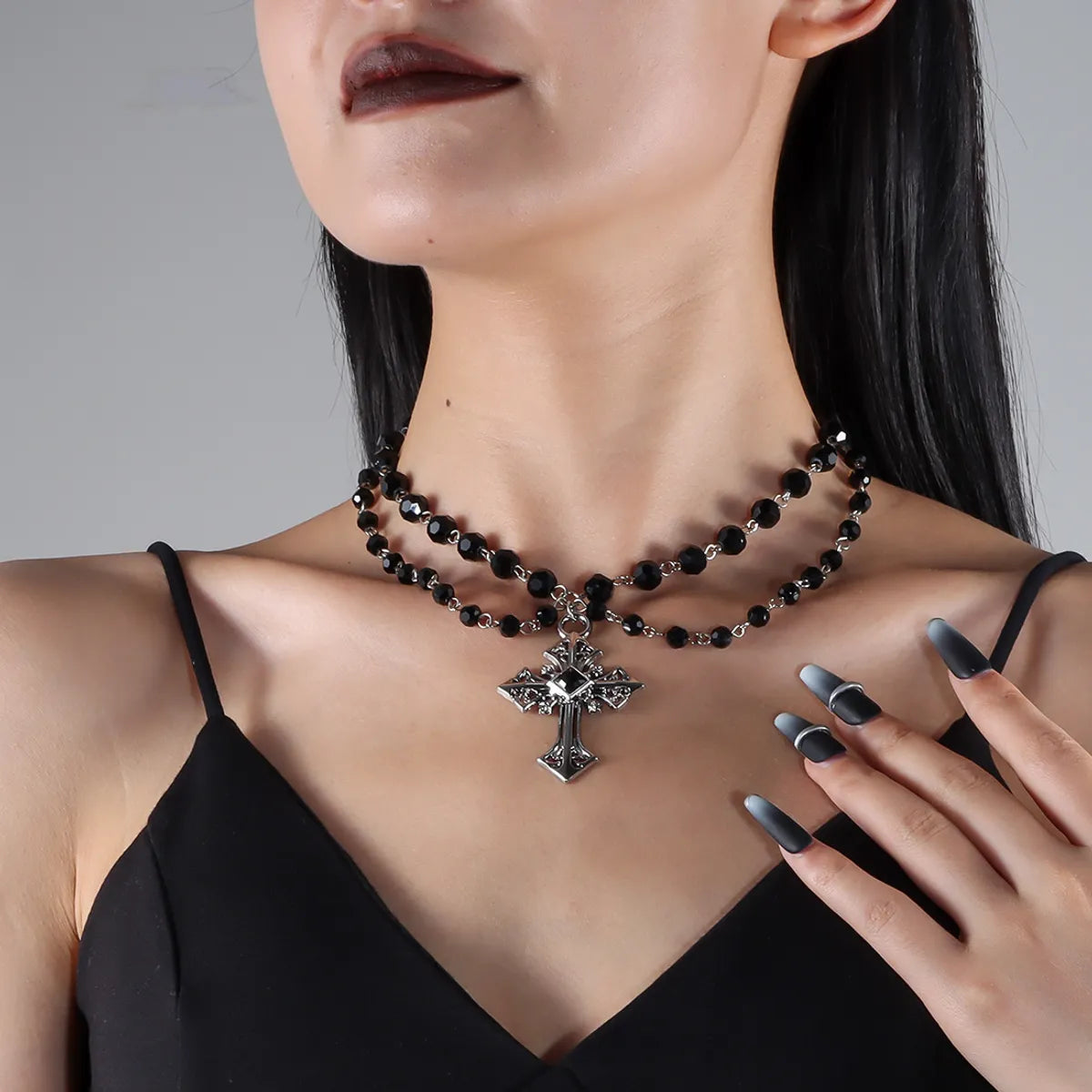 Gothic Hip-Hop Retro Cross Alloy Glass Iron Wholesale Double Layer Necklaces