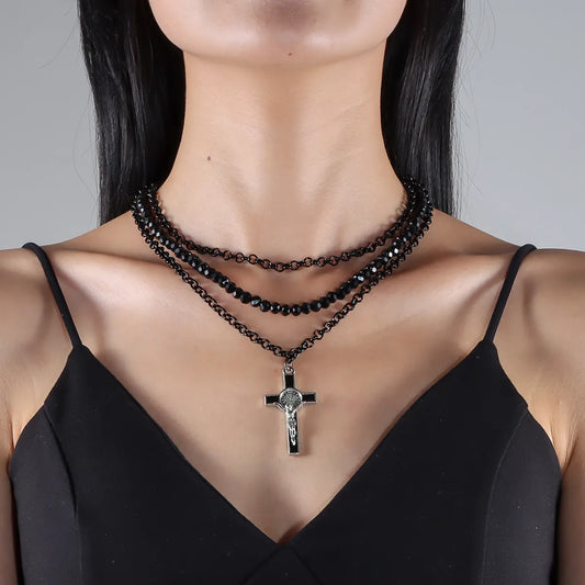 Gothic Hip-Hop Retro Cross Alloy Plastic Iron Wholesale Three Layer Necklace