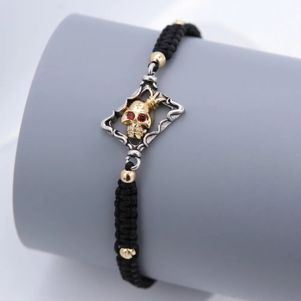 Gothic Hip-Hop Skull 18K Gold Plated Zircon Copper Wholesale Drawstring Bracelets