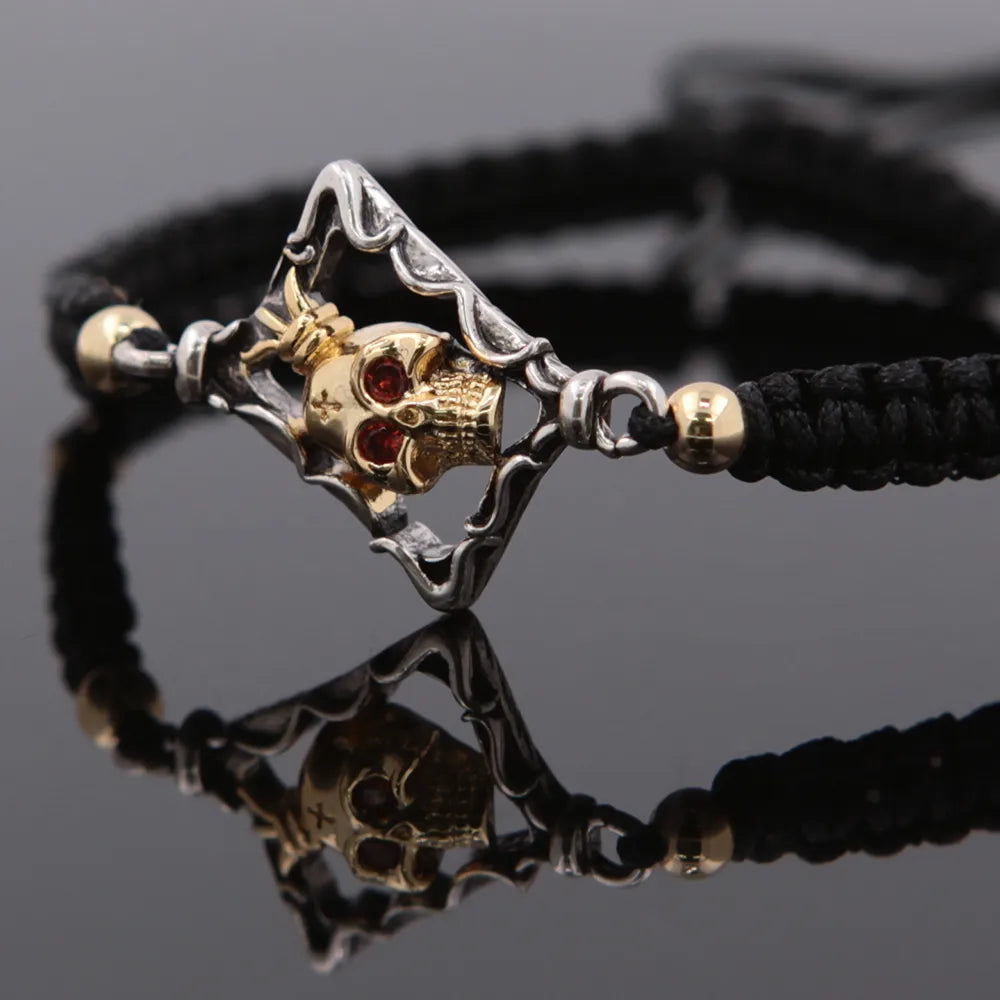 Gothic Hip-Hop Skull 18K Gold Plated Zircon Copper Wholesale Drawstring Bracelets