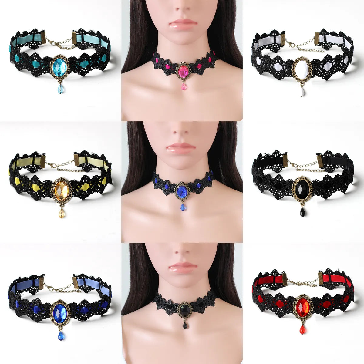 Gothic Oval Velvet Lace Inlay Artificial Diamond Women'S Choker 1 Piece