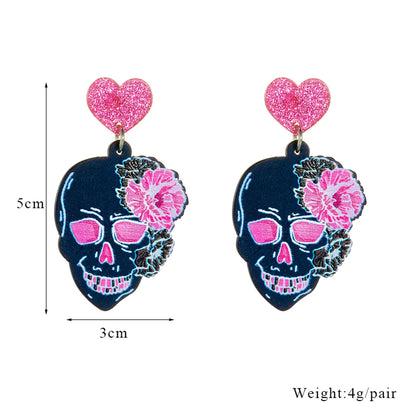 1 Pair Gothic Punk Heart Shape Flower Skull Arylic Drop Earrings