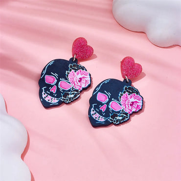 1 Pair Gothic Punk Heart Shape Flower Skull Arylic Drop Earrings